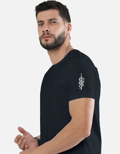 Ninja Fighter And Sword Graphic - Unisex Classic Crew T-Shirt in navy blue - side view #color_navy-blue