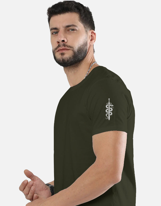 Ninja Fighter And Sword Graphic - Unisex Classic Crew T-Shirt in olive green - side view #color_olive-green